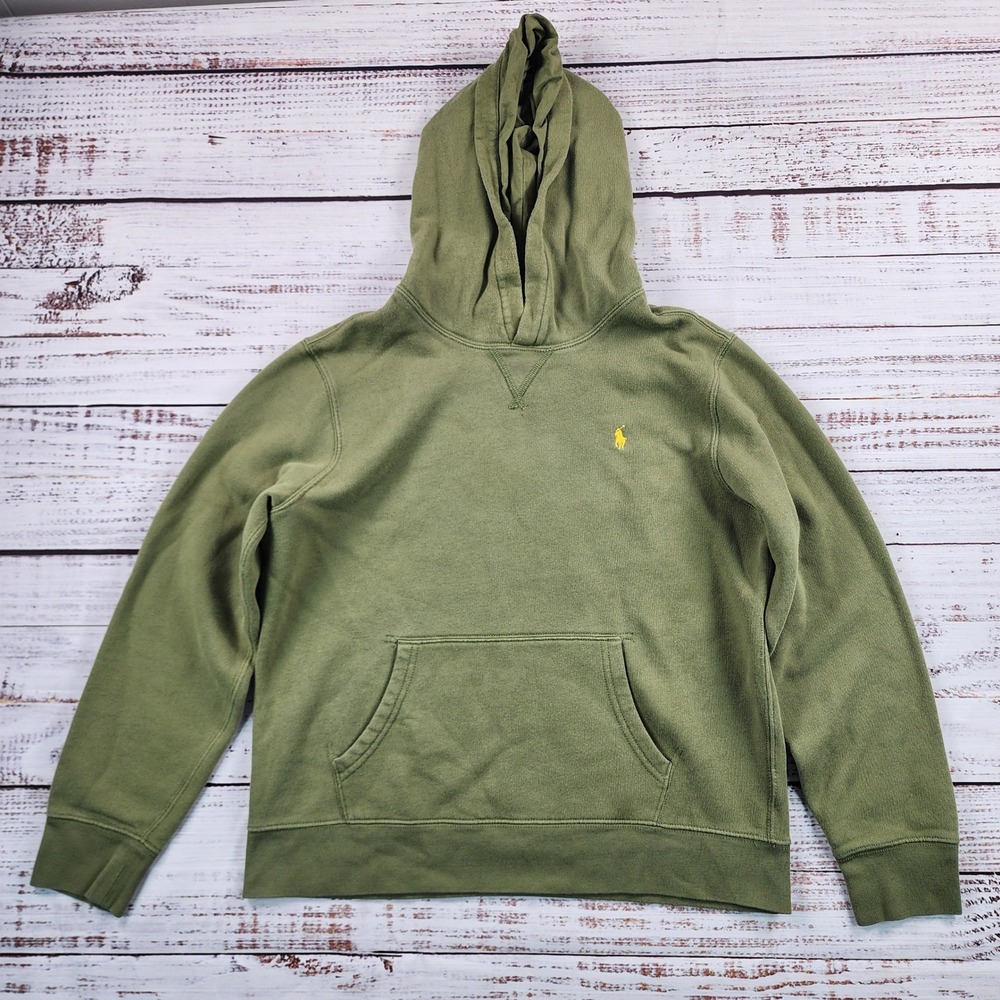 Polo Ralph Lauren Boys Fleece Pullover Hoodie Olive Green Yellow Pony XL 18-20